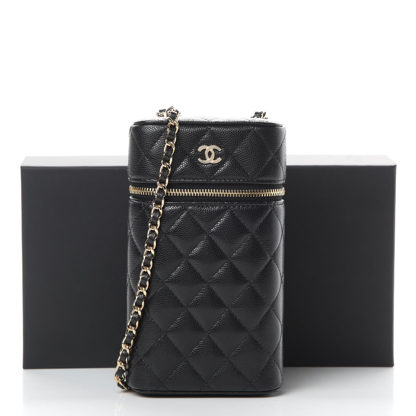 Caviar Quilted Phone Holder With Chain Black