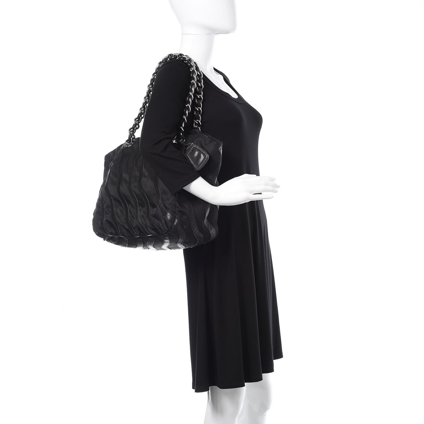 Tessuto Nylon Calfskin Chain Shoulder Bag Black