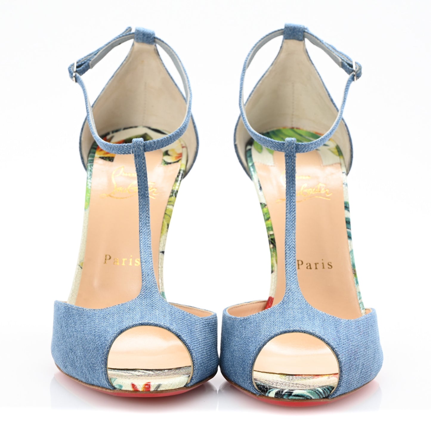 Denim Crackled Calfskin Hawaii Print Senora 100 Sandals 41 Blue White