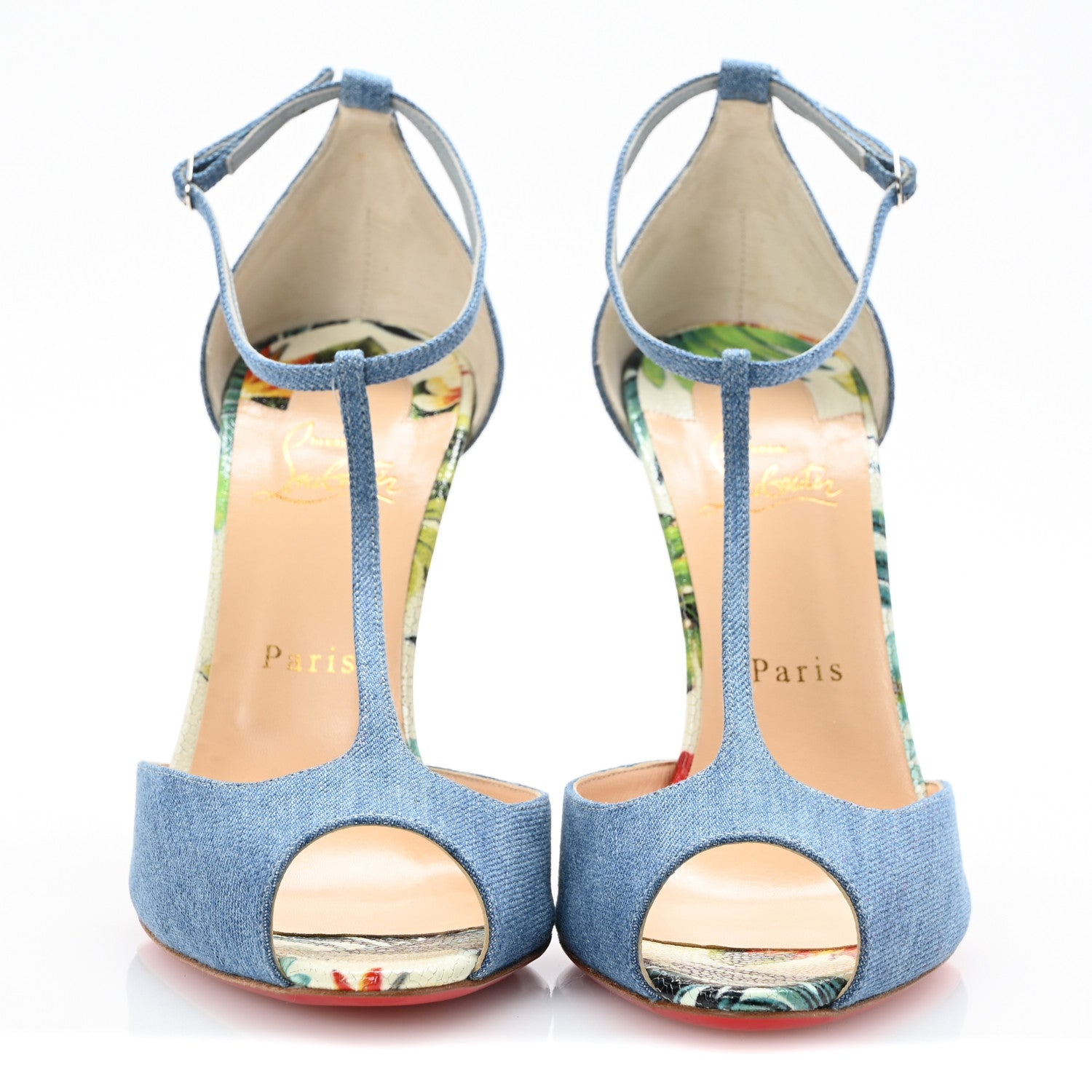 Christian Louboutin Denim Crackled Calfskin Hawaii Print Senora 100 Sandals 41 Blue White 3 of 11