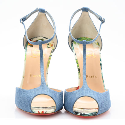 Christian Louboutin Denim Crackled Calfskin Hawaii Print Senora 100 Sandals 41 Blue White 3 of 11