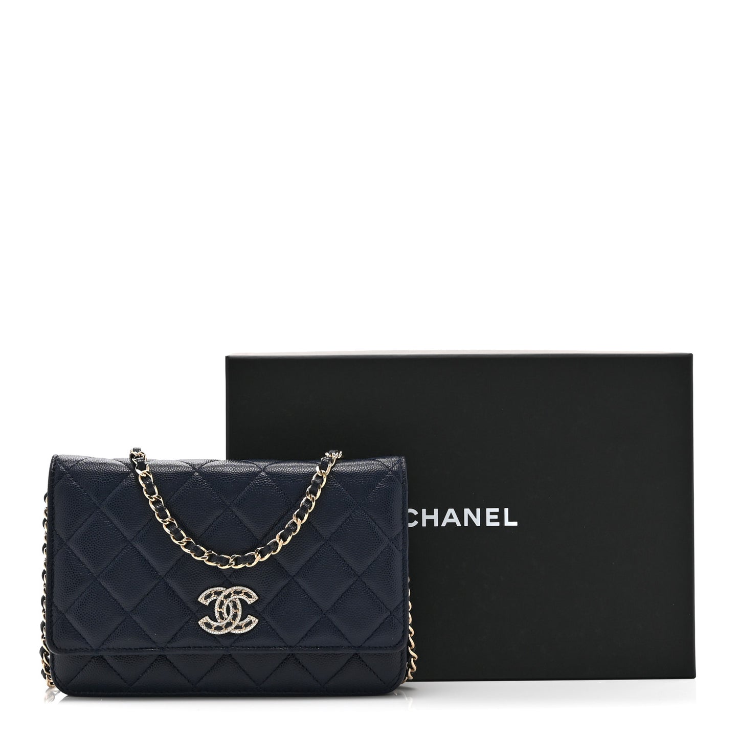 Caviar Quilted Crystal CC Wallet On Chain WOC Navy