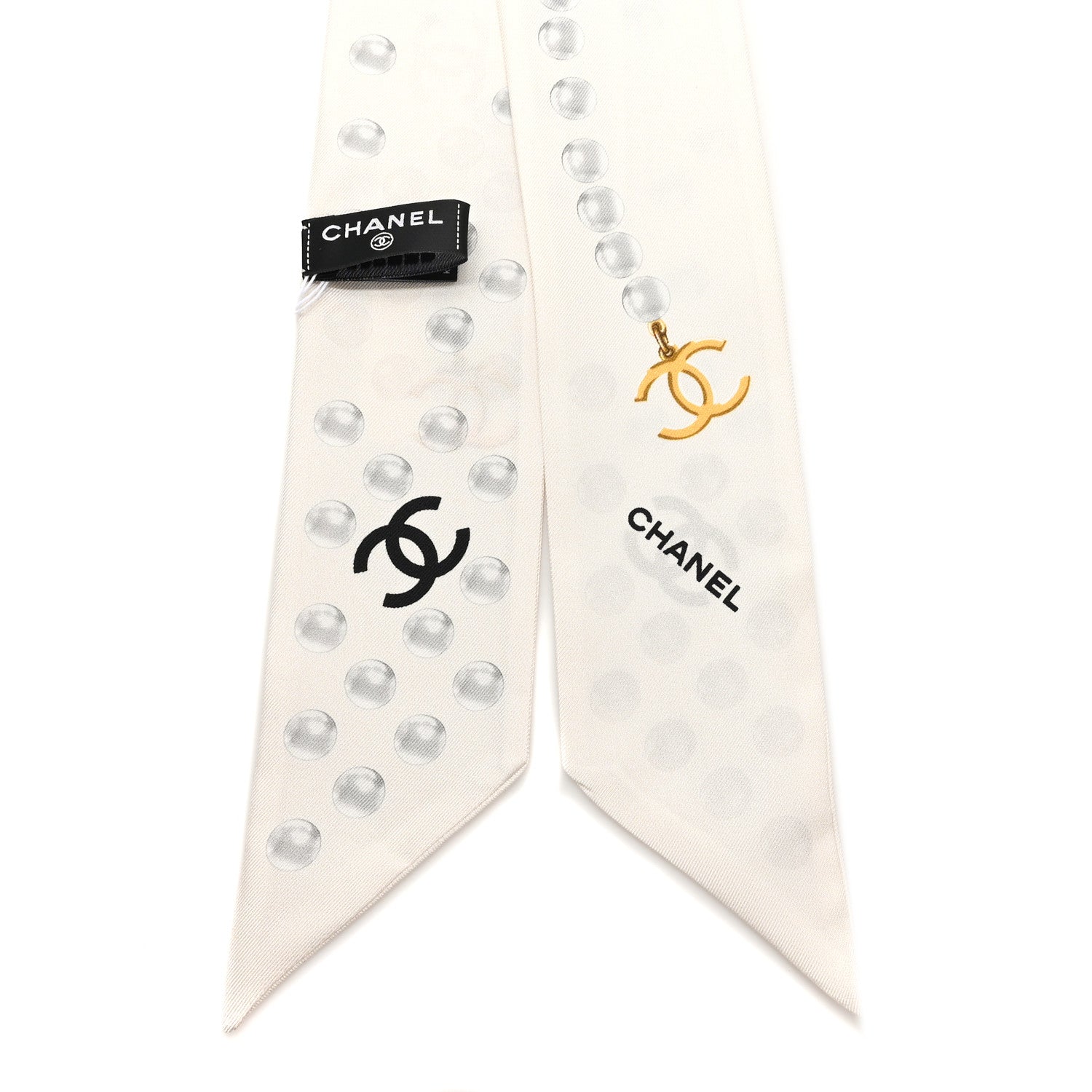 Chanel Silk Pearl CC Slim Bandeau Scarf Ecru Grey 2 of 3