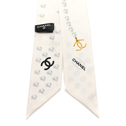 Chanel Silk Pearl CC Slim Bandeau Scarf Ecru Grey 2 of 3