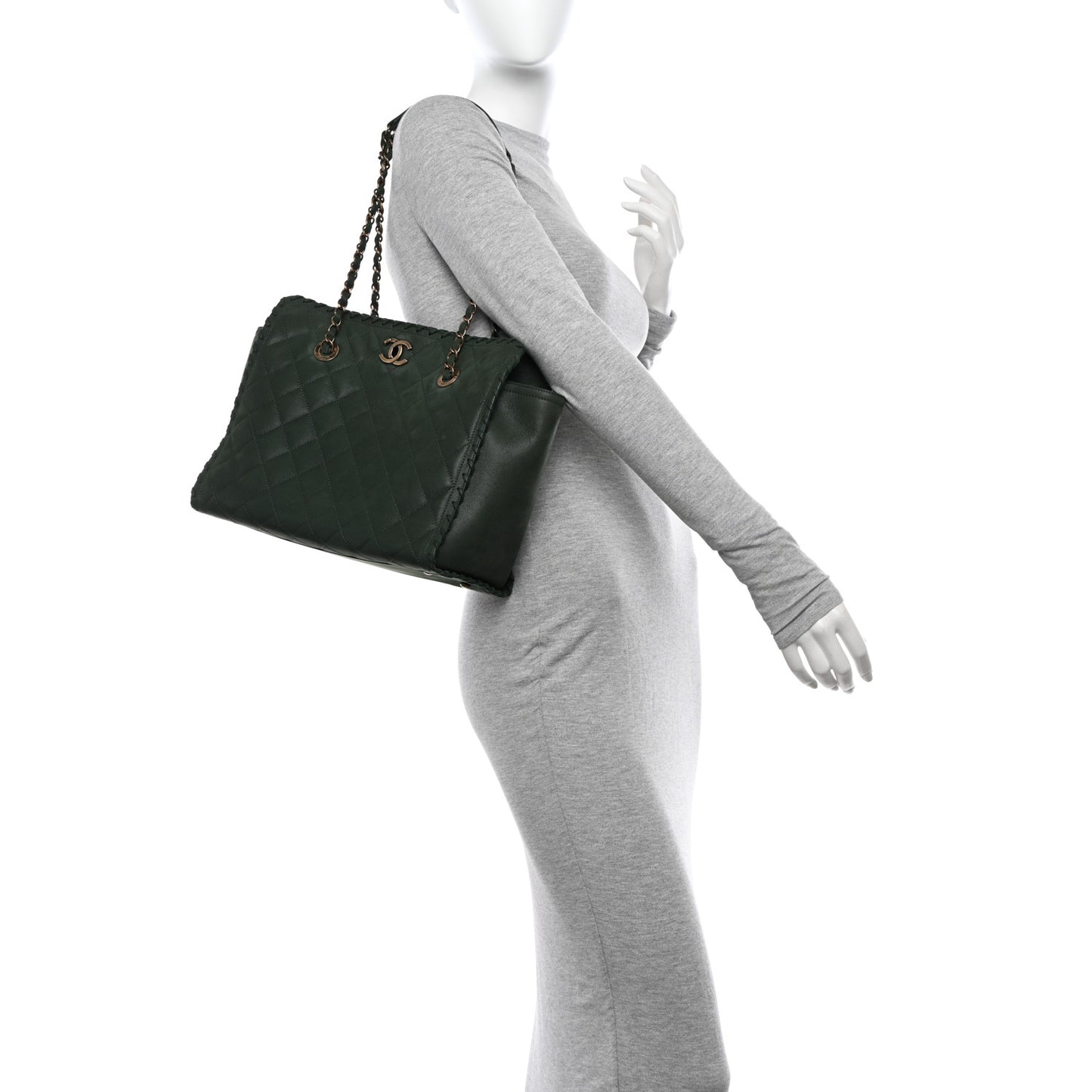 Calfskin Quilted Whipstich Shopping Tote Green