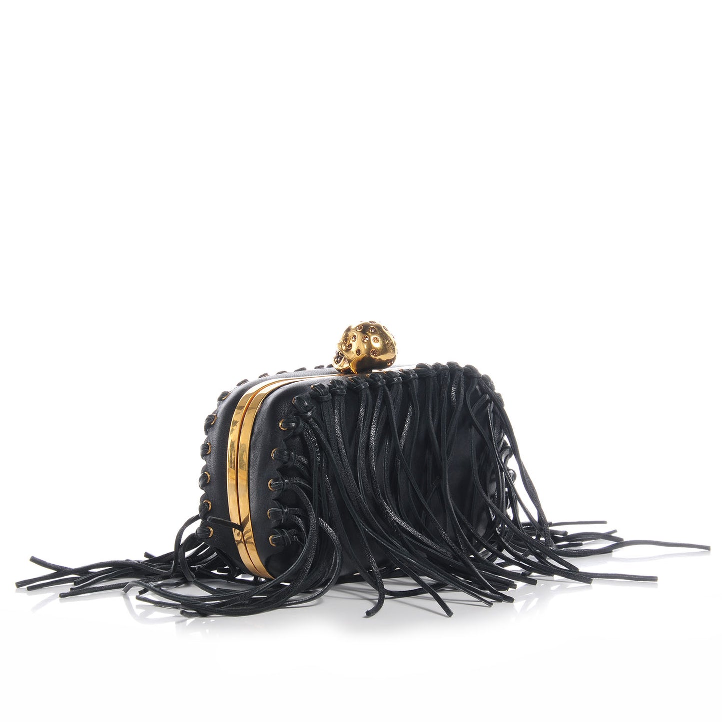 Leather Fringe Skull Box Clutch Black