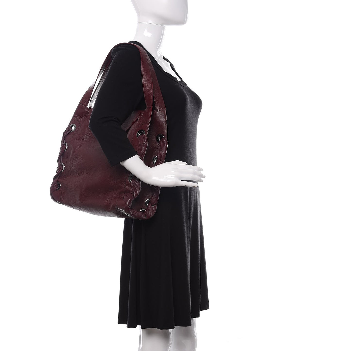 Grainy Calfskin Grommet Lace Up Rion Shoulder Bag Bordeaux