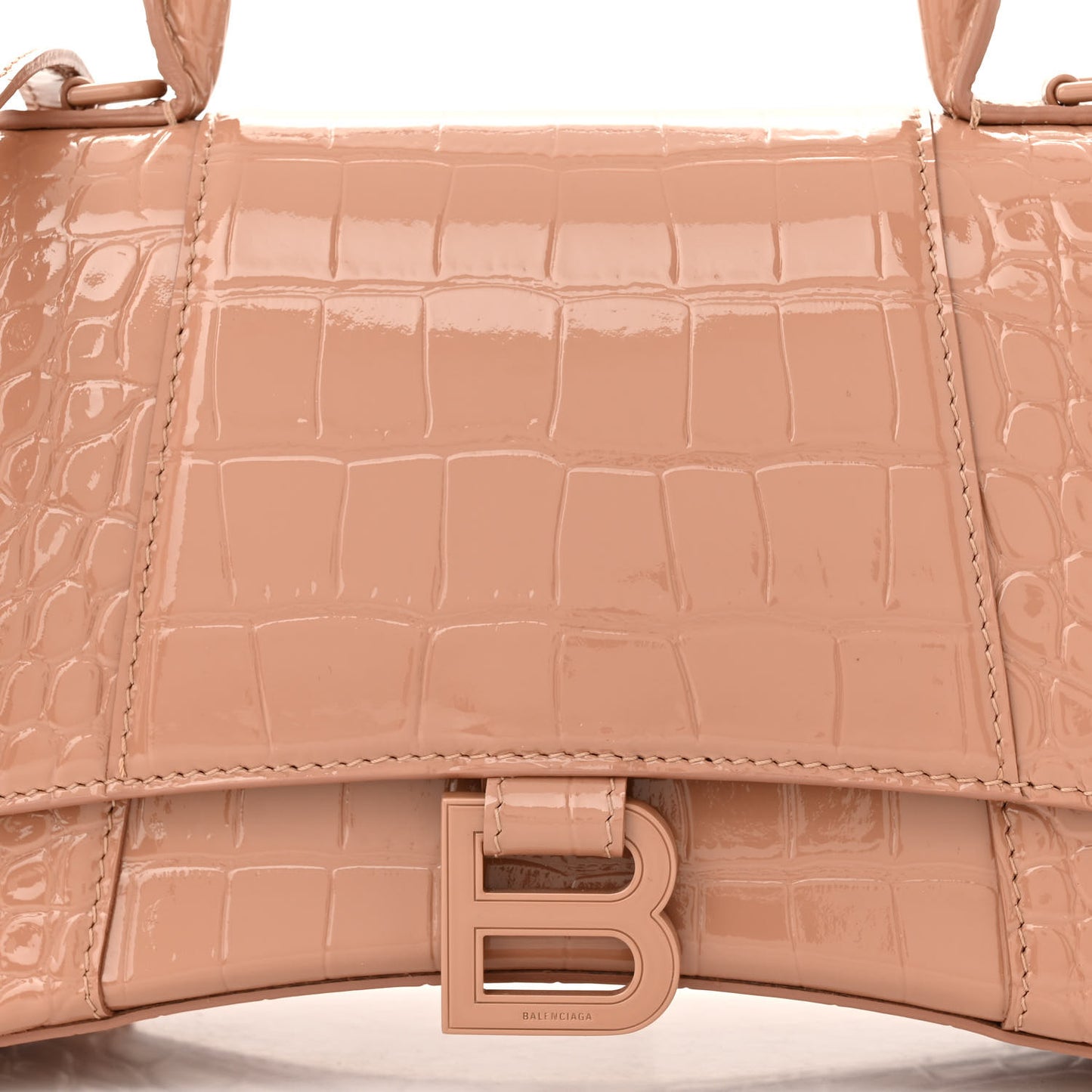 Shiny Calfskin Monochrome Crocodile Embossed Small Hourglass Top Handle Bag Nude Beige