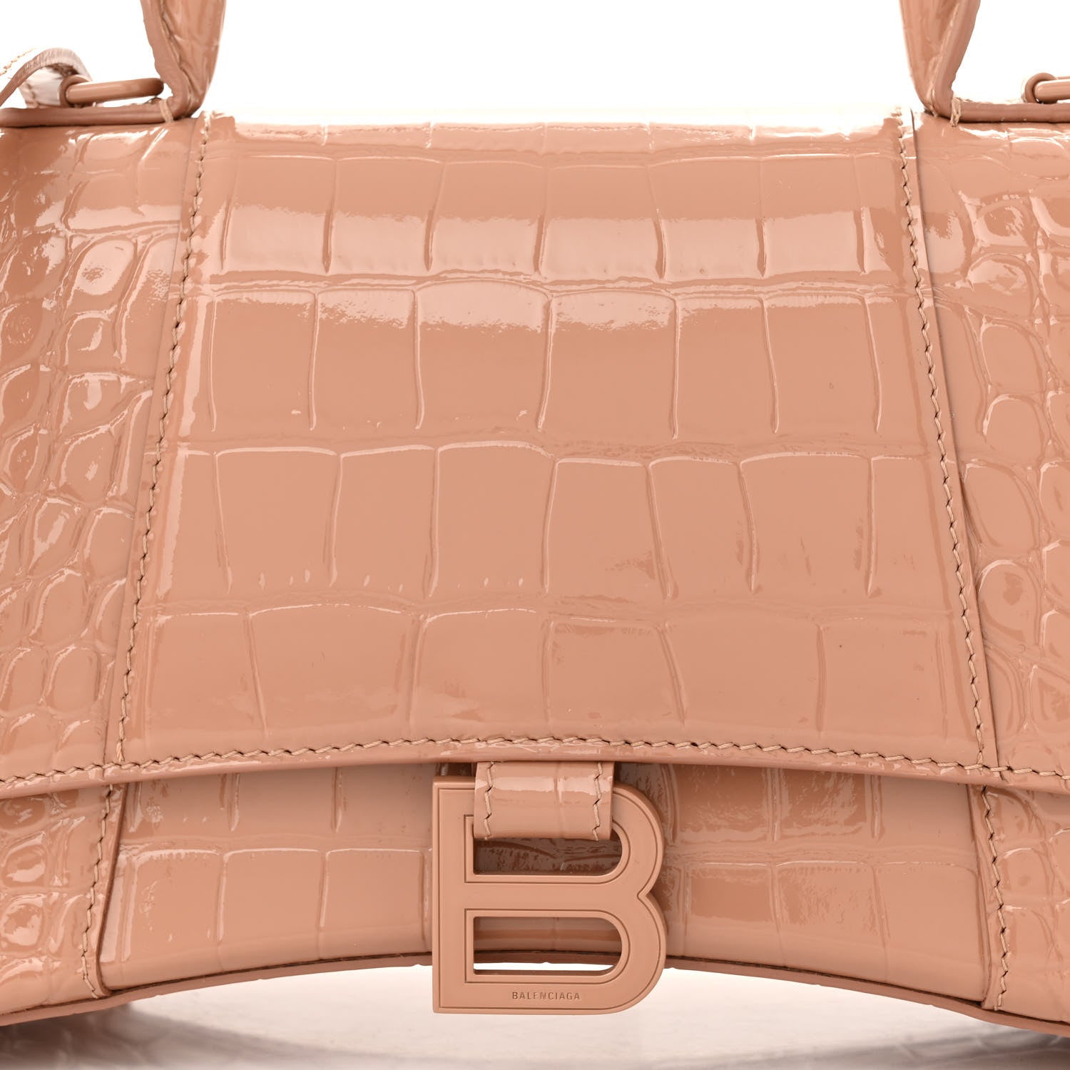 Balenciaga Shiny Calfskin Monochrome Crocodile Embossed Small Hourglass Top Handle Bag Nude Beige 7 of 9