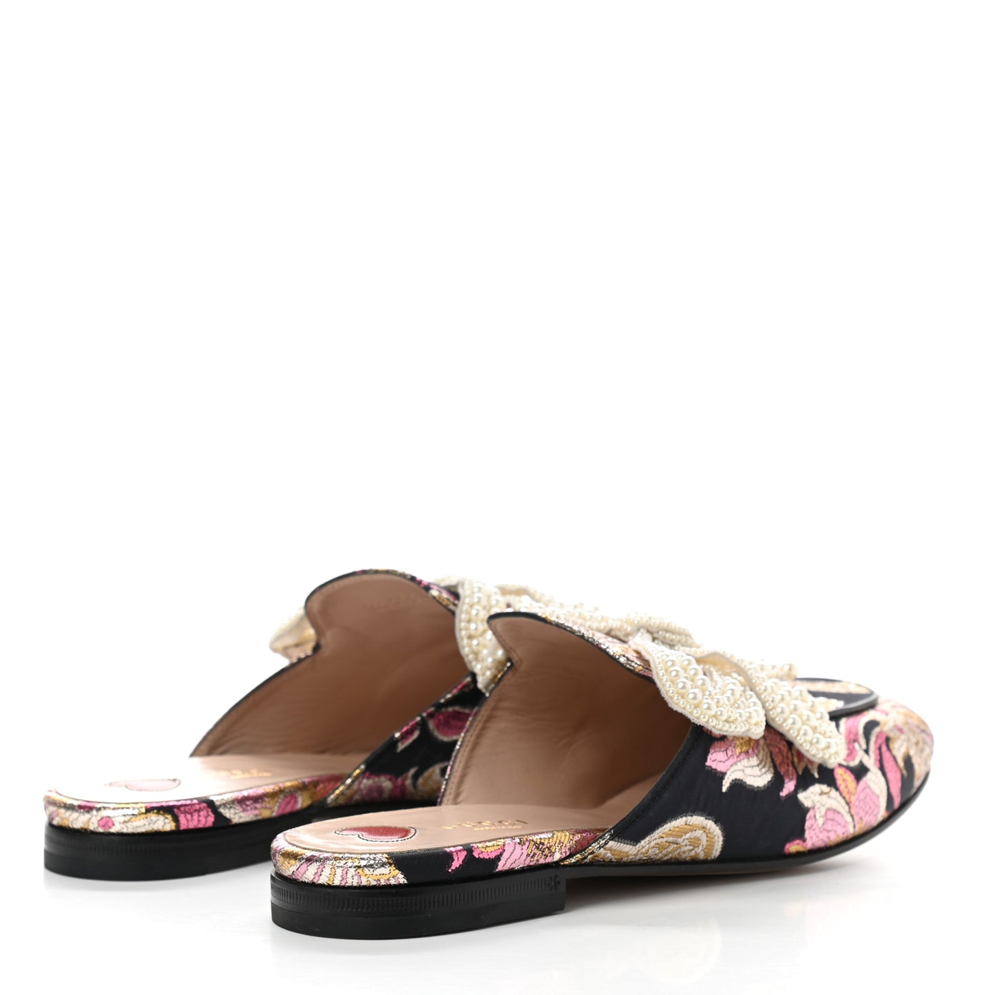 Iridescent Brocade Pearl Bow Womens Princetown Slippers 39 Black Pink