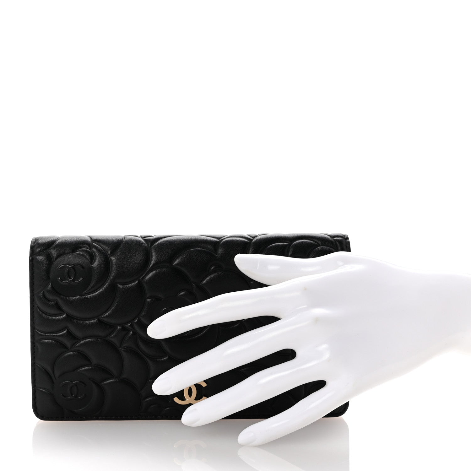 Chanel Lambskin Camellia Embossed Yen Wallet Black 2 of 9