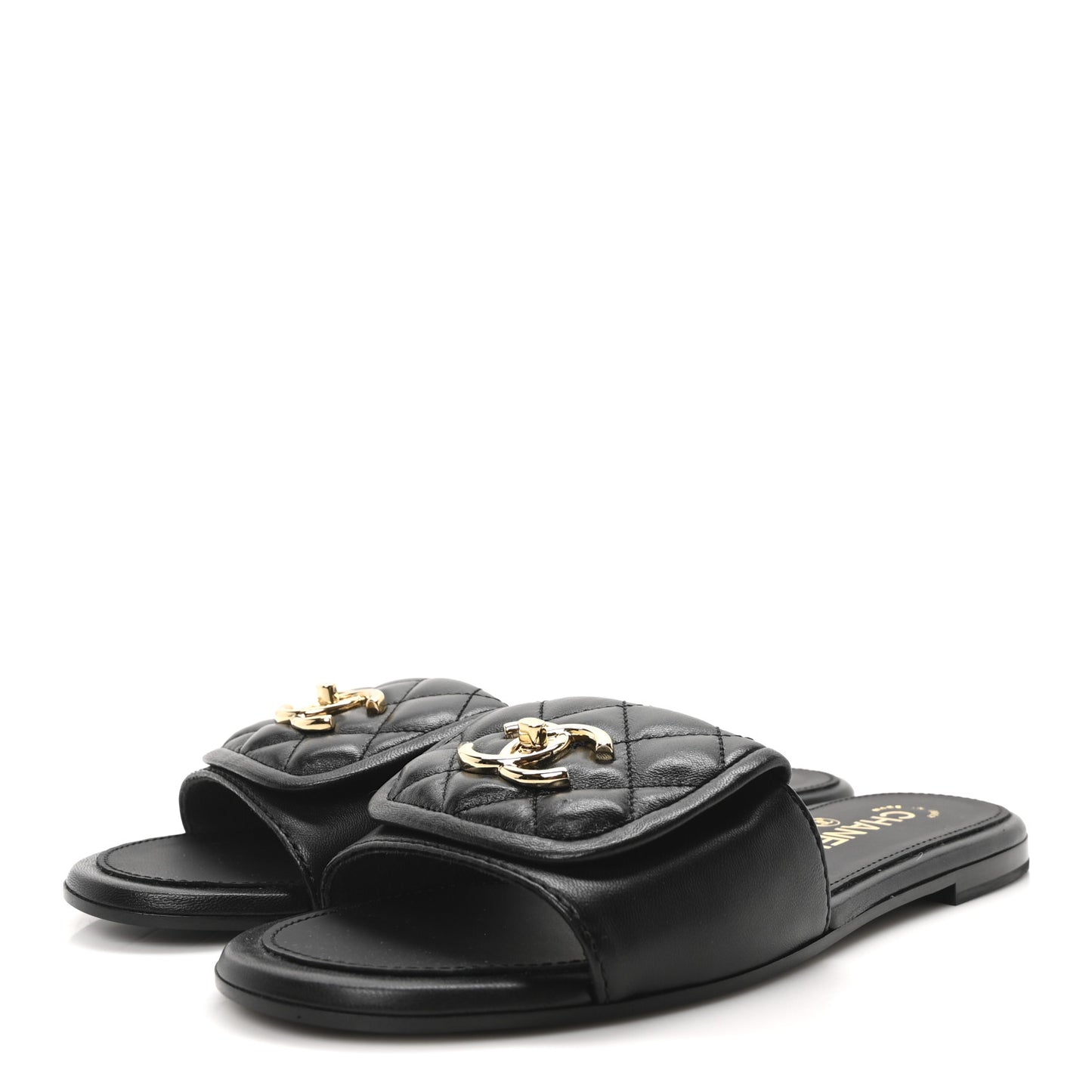 Lambskin Quilted Turnlock Flat Mules 37.5 Black