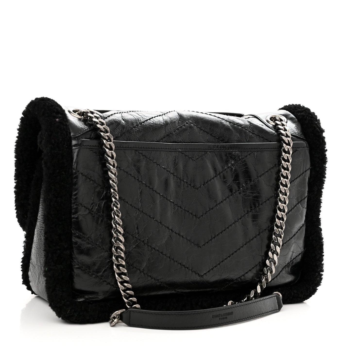 Crinkled Calfskin Shearling Monogram Medium Niki Chain Satchel Black