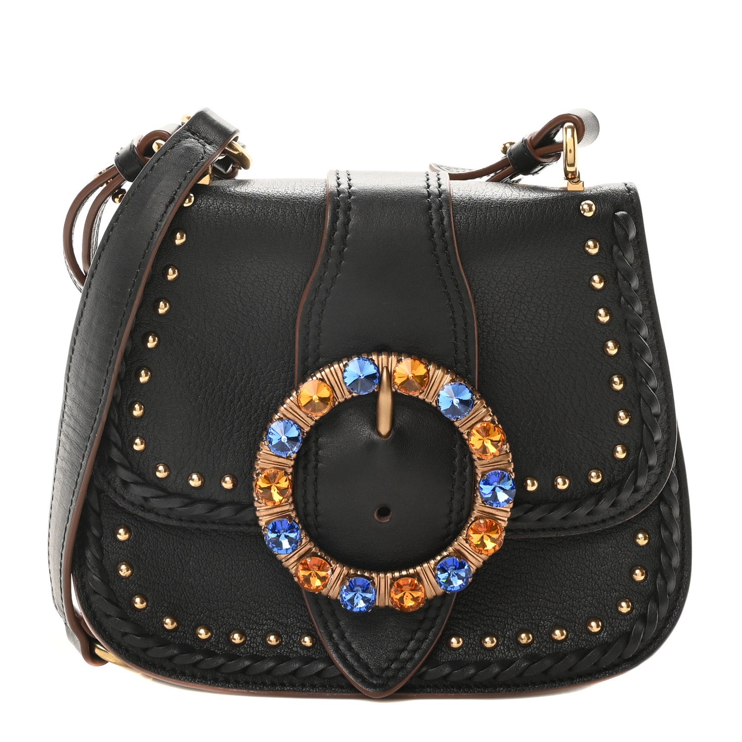 Goatskin Madras Soft Calfskin Crystal Embellished Lady Saddle Black