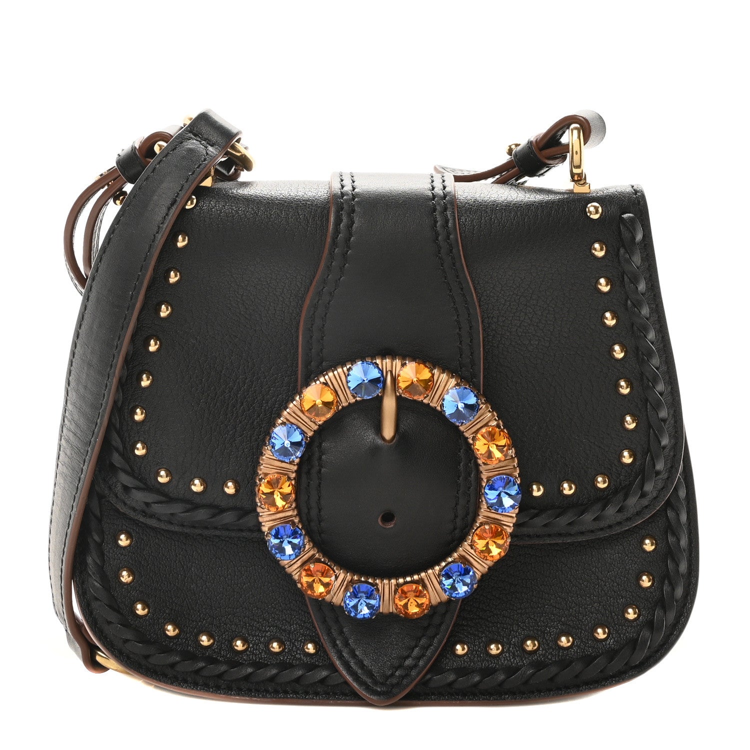 Miu Miu Goatskin Madras Soft Calfskin Crystal Embellished Lady Saddle Black 1 of 9