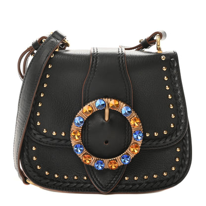 Miu Miu Goatskin Madras Soft Calfskin Crystal Embellished Lady Saddle Black 1 of 9