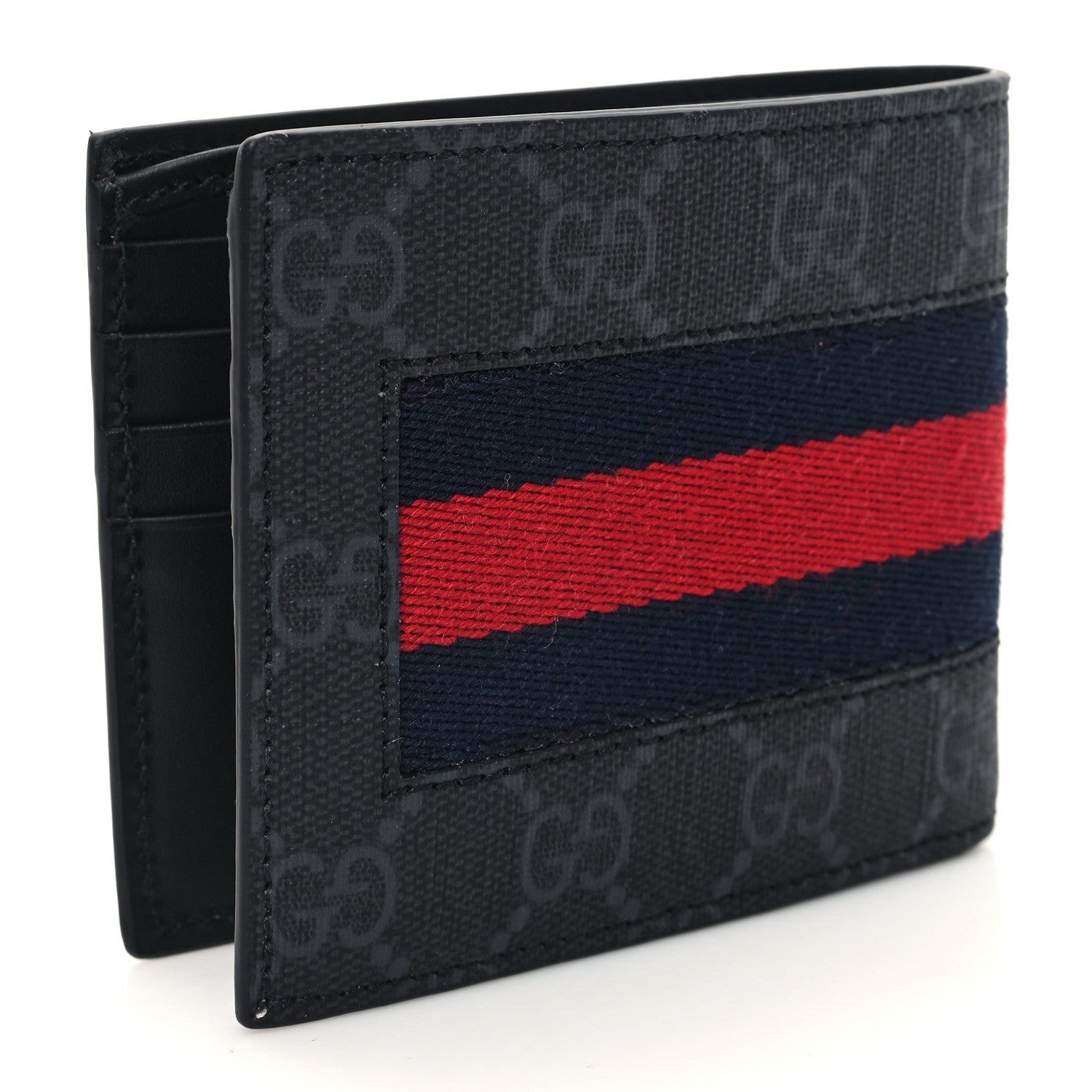 Gucci GG Supreme Monogram Selleria Calfskin Web New Web Bi-Fold Wallet Black 3 of 9