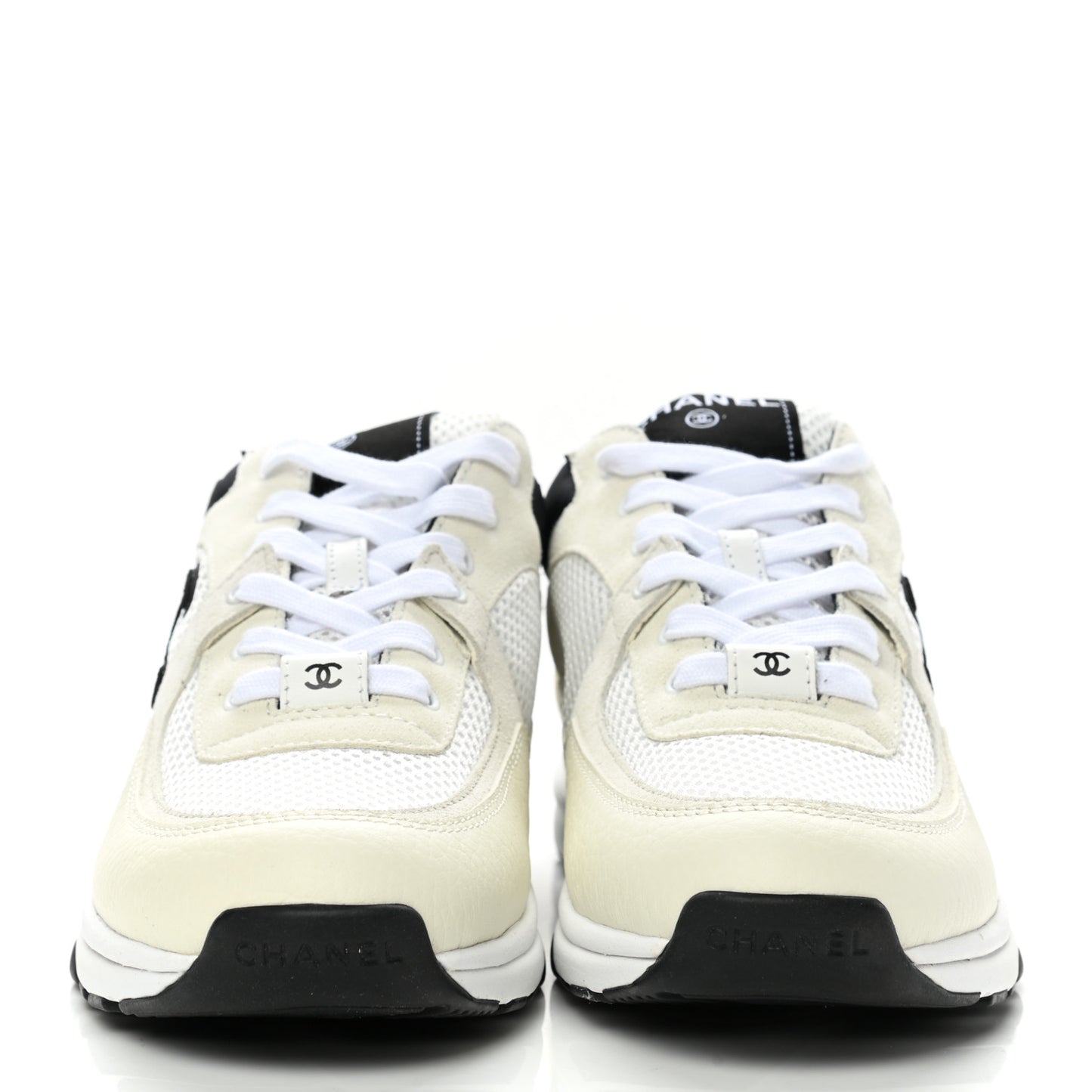 Mesh Suede Calfskin Grained Calfskin Womens CC Sneakers 38.5 White Black