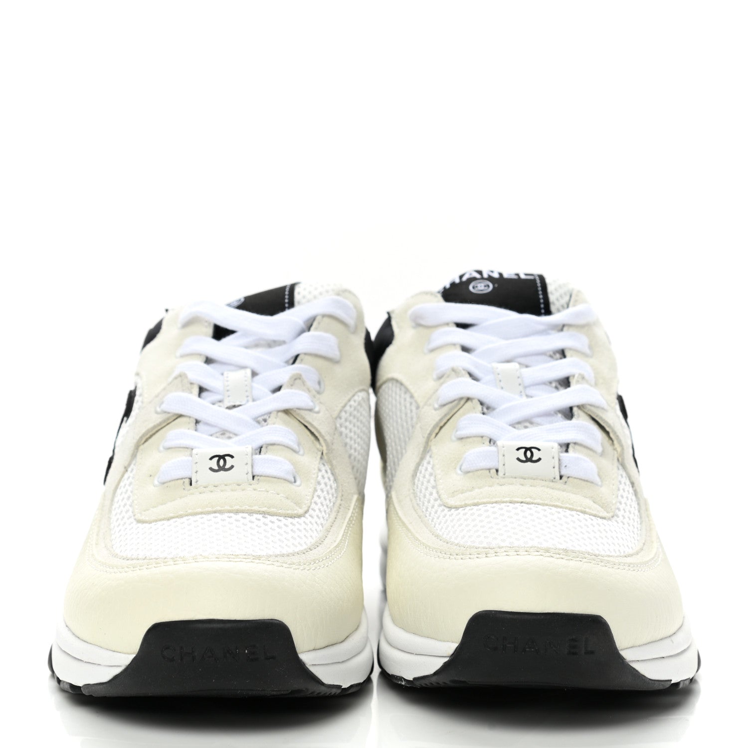Chanel Mesh Suede Calfskin Grained Calfskin Womens CC Sneakers 38.5 White Black 2 of 9