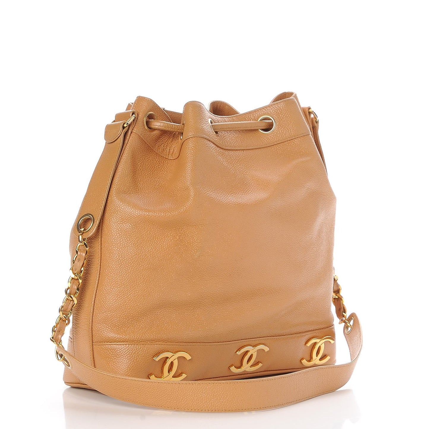 Caviar CC Drawstring Shoulder Bag Beige