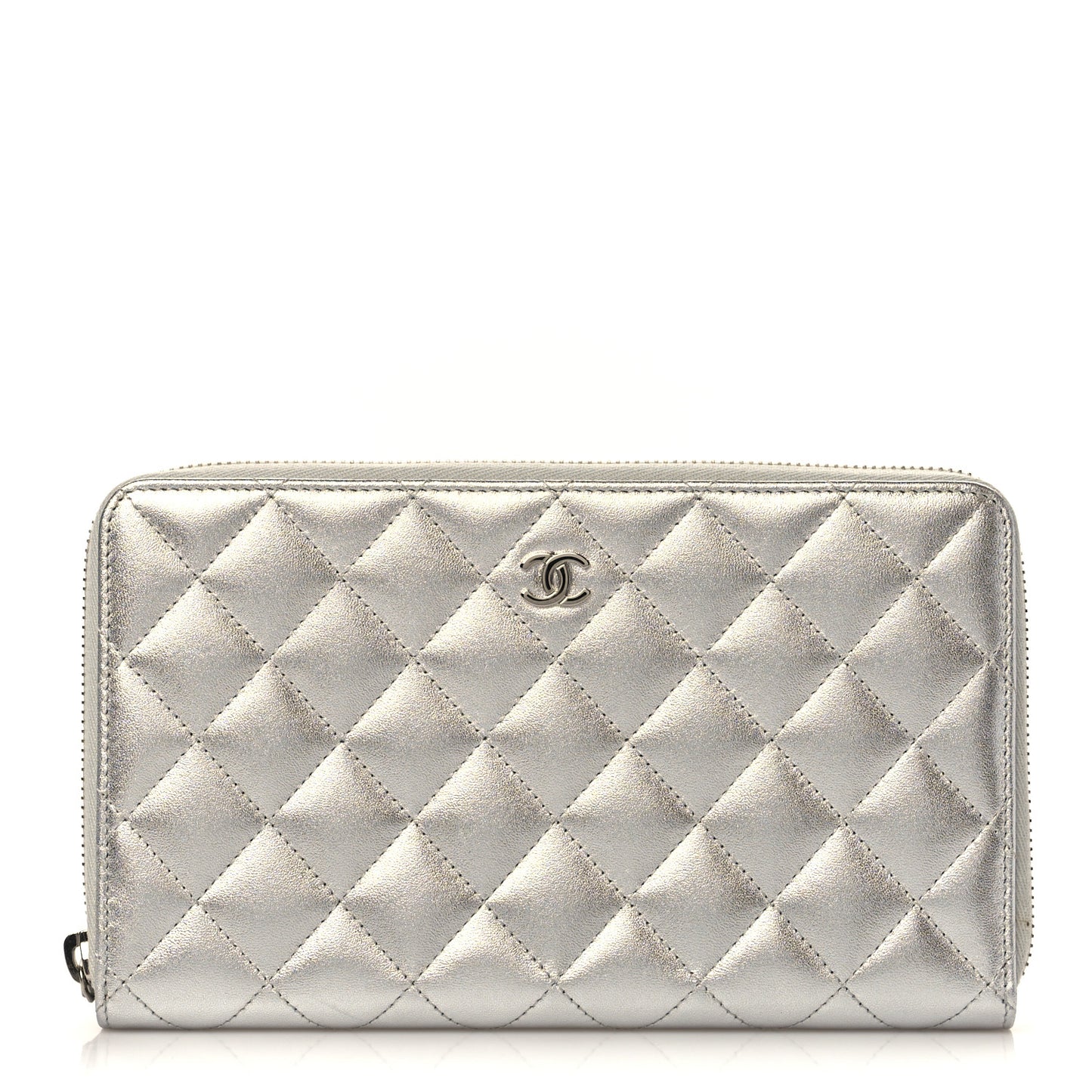 Iridescent Lambskin Quilted Large Zip Around Organizer Wallet Silver