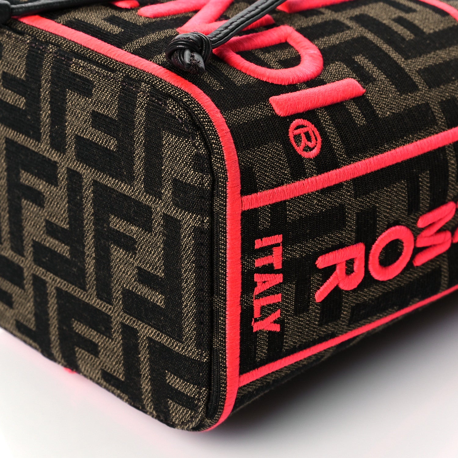 Fendi Fabric Jacquard Shiny Nappa FF 1974 Logo Threaded Edge Mini Mon Tresor Bucket Bag Tobacco Moro Fuxia Fluo 9 of 9