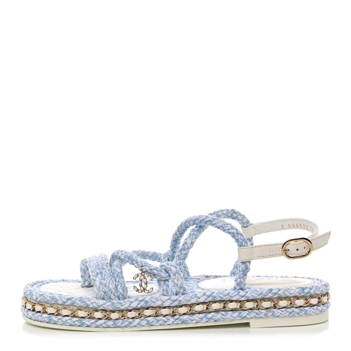 Lambskin Cord Chain CC Sandals 38 Blue White
