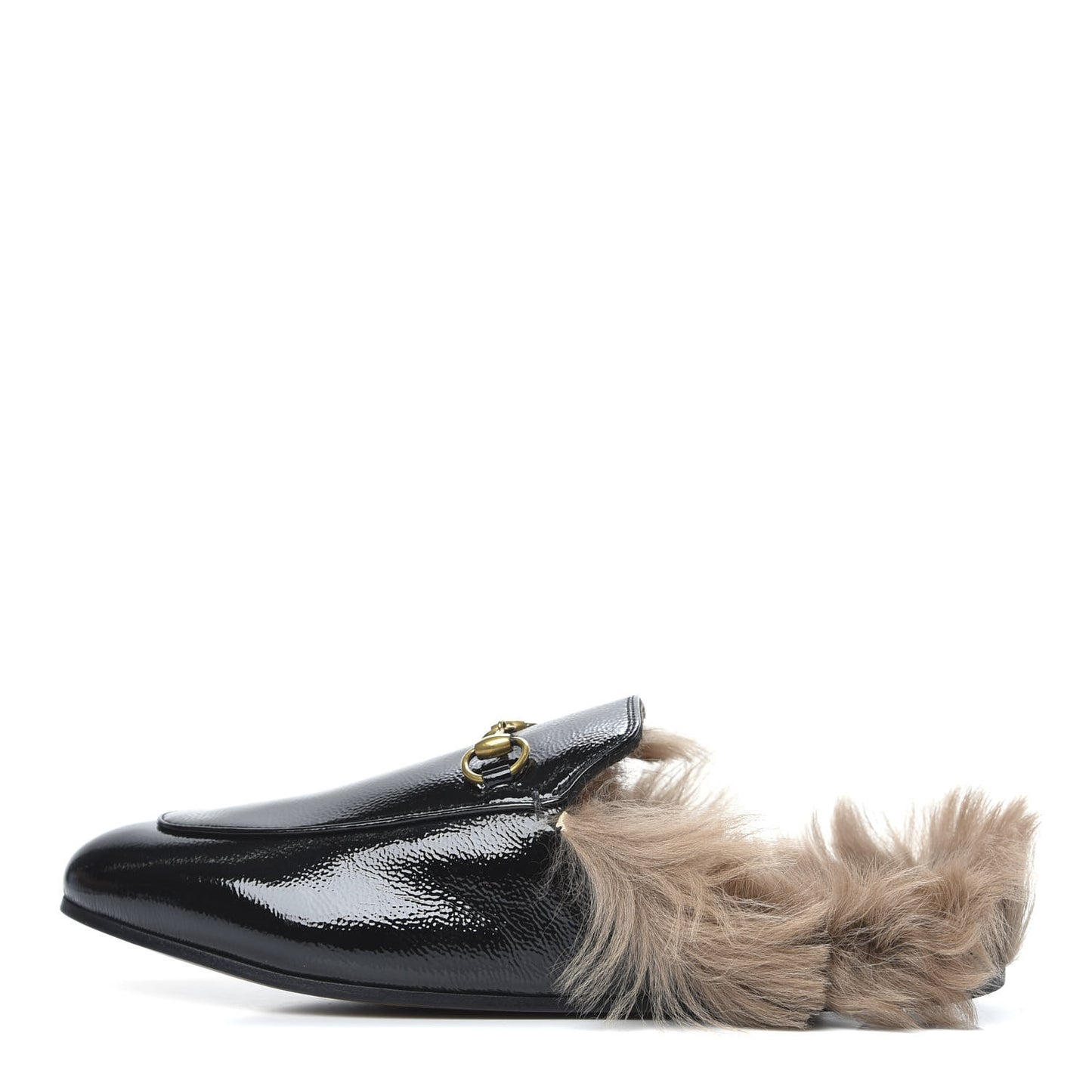 Patent Fur Womens Princetown Slippers 40 Black Natural