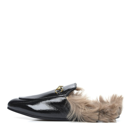 Gucci Patent Fur Womens Princetown Slippers 40 Black Natural 1 of 8