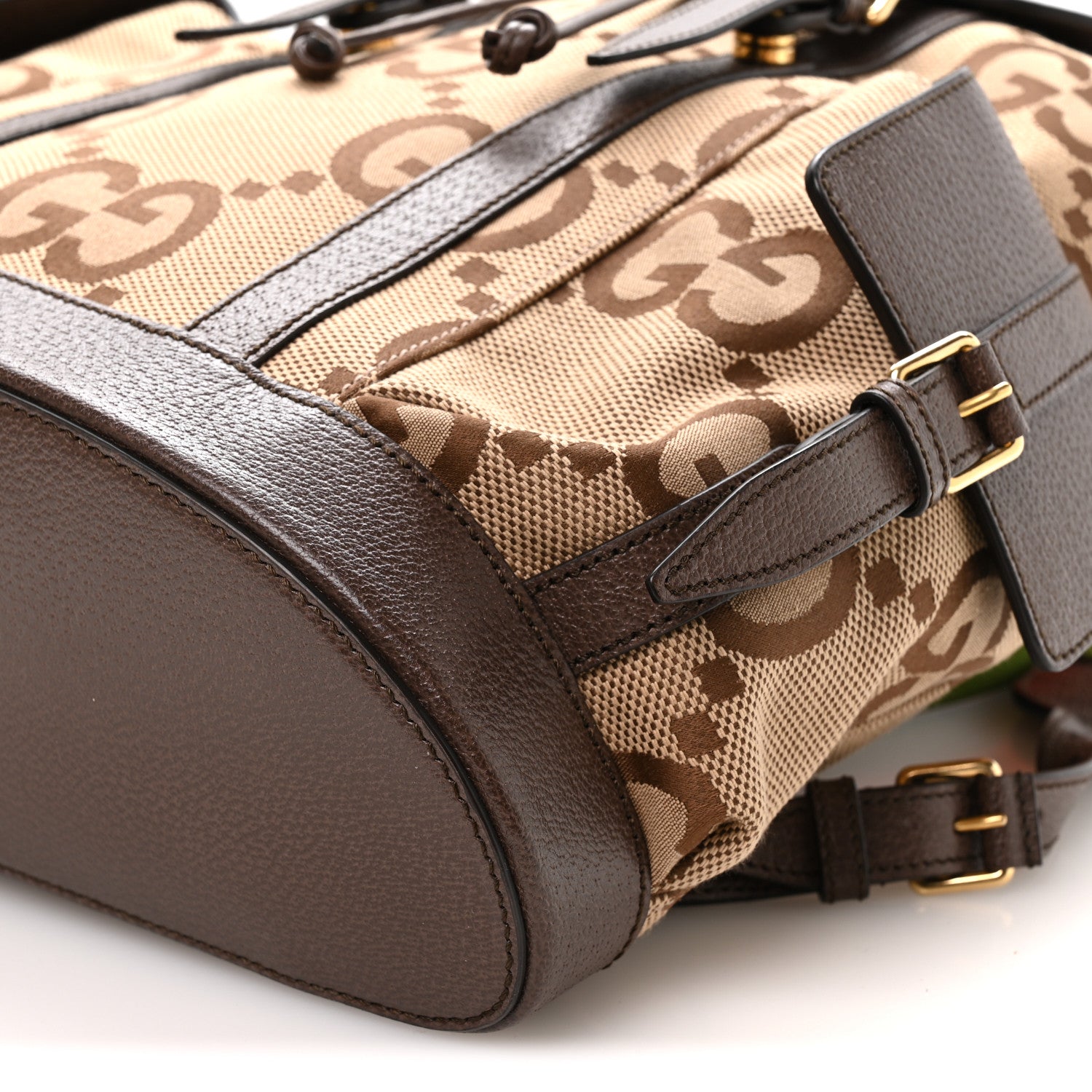 Gucci Monogram Jumbo GG Textured Dollar Calfskin Web Double Buckle Backpack Camel Ebony New Acero Camel Ebony New Acero 8 of 8