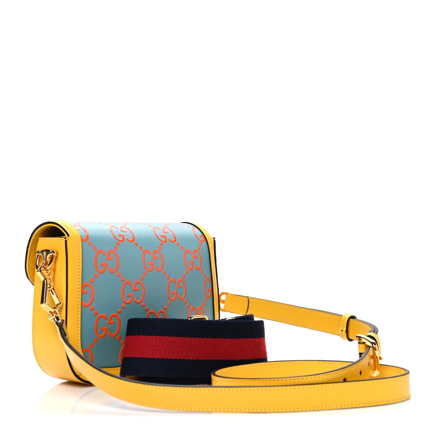Azalea Calfskin GG Monogram Bi-Color Debossed Mini Horsebit 1955 Shoulder Bag Dusty Azure Stone Topaz Deep Orange