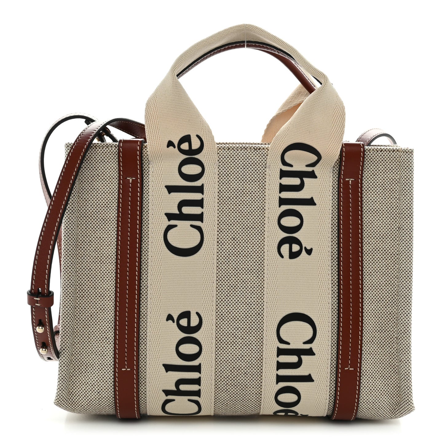 Cotton Calfskin Small Woody Ribbon Tote With Strap White Brown
