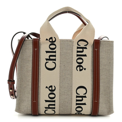 Chloe Cotton Calfskin Small Woody Ribbon Tote With Strap White Brown 1 of 10