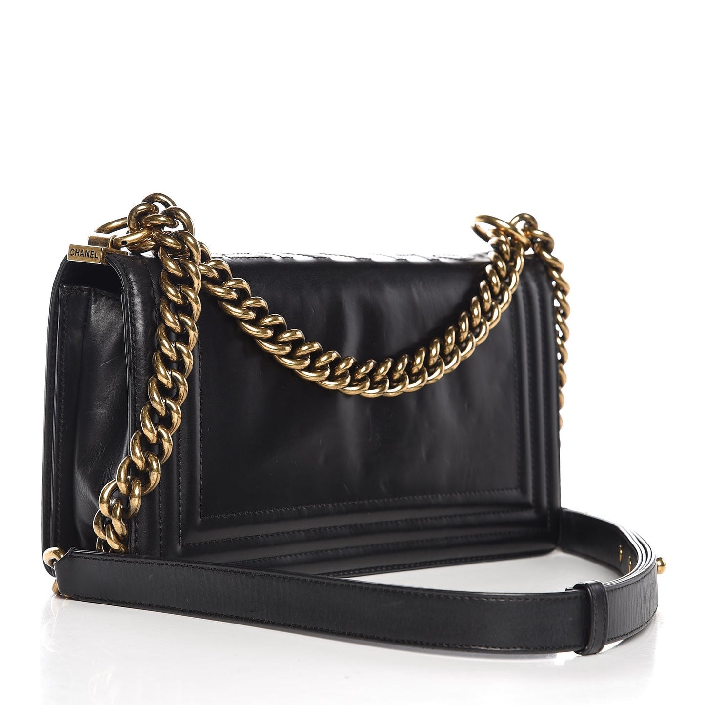 Glazed Calfskin Medium Boy Flap Black