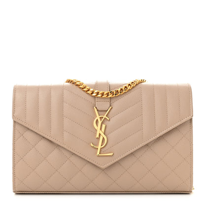 Saint Laurent Grain De Poudre Mixed Matelasse Triquilt Monogram Chain Wallet Dark Beige 1 of 9