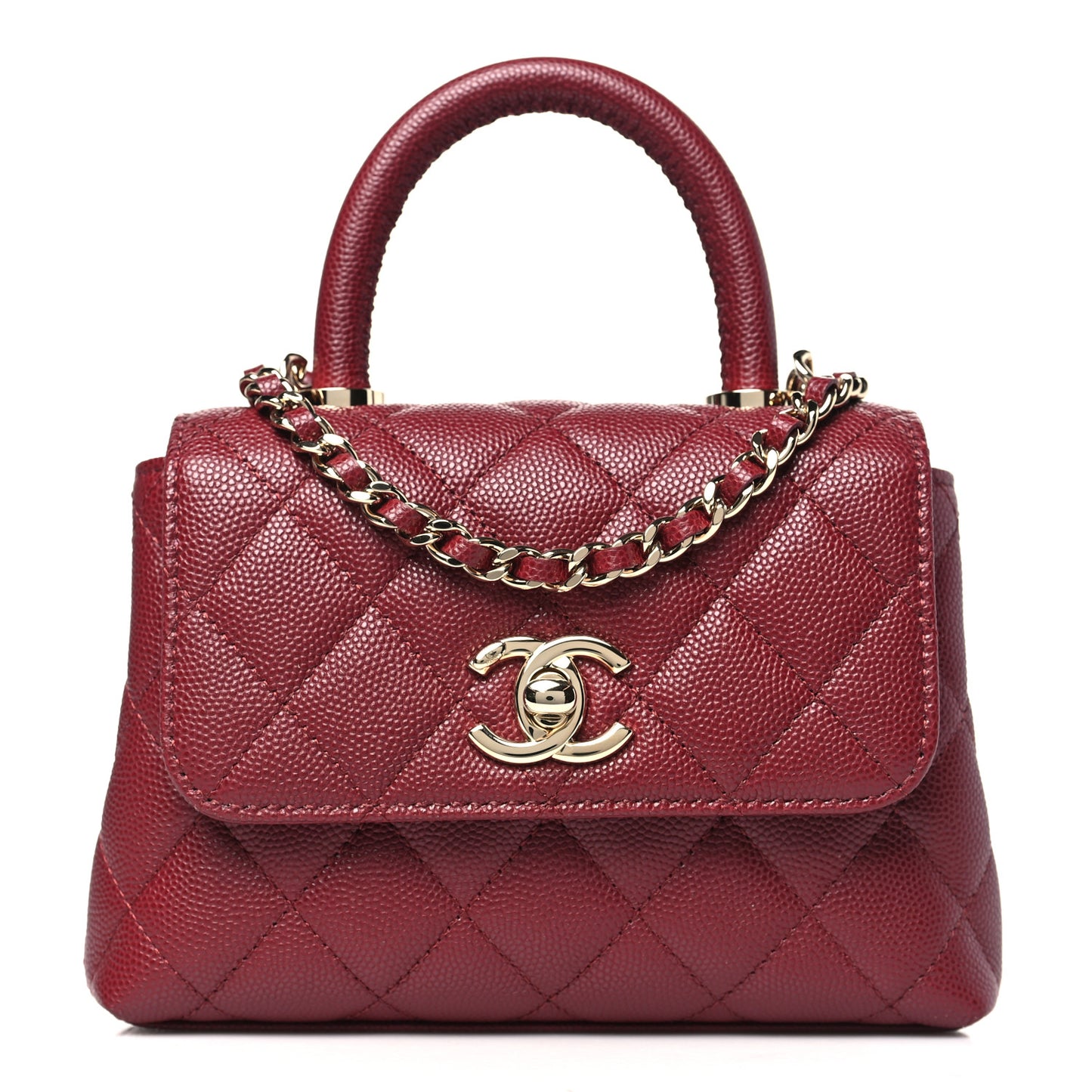 Caviar Quilted Coco Handle Clutch With Chain Burgundy