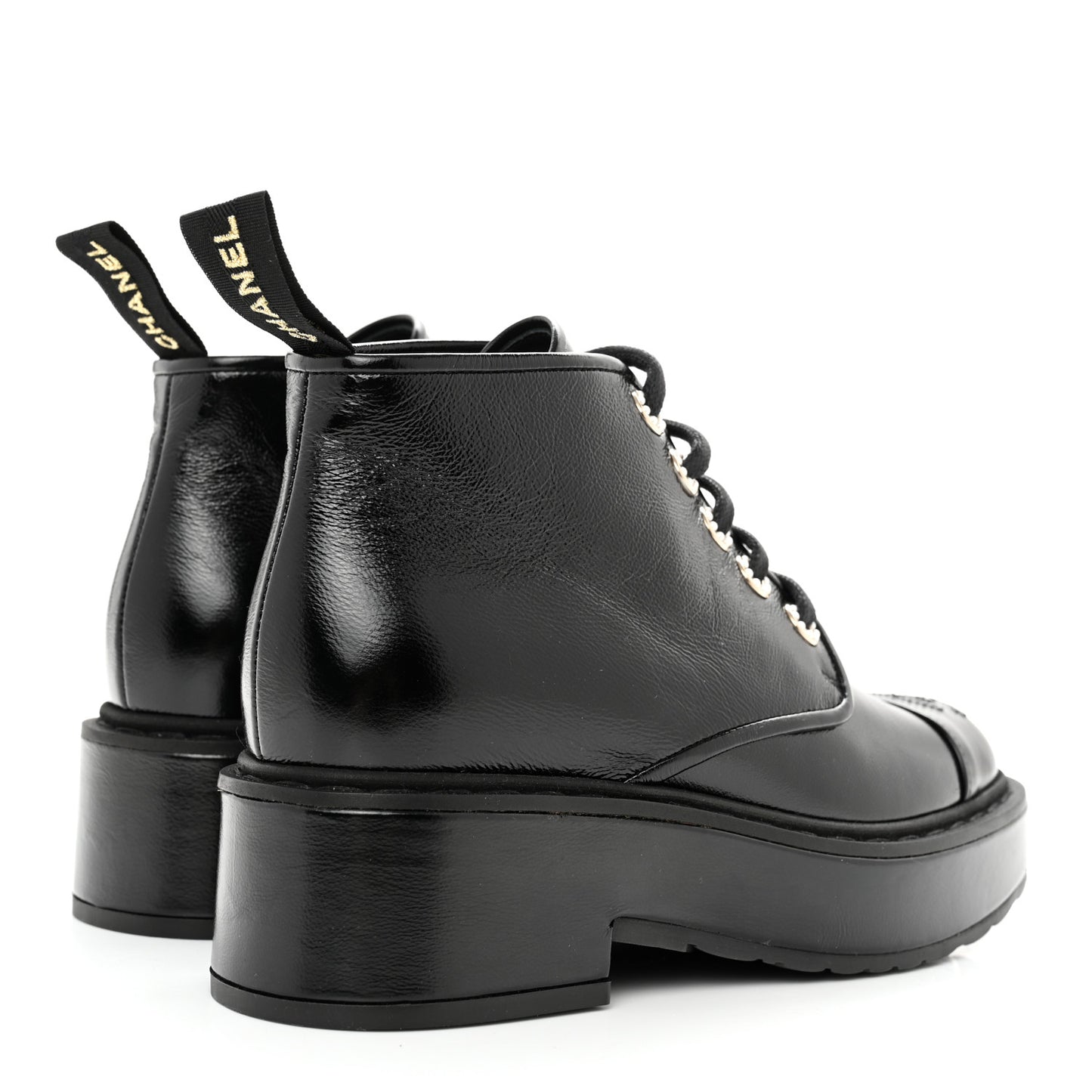 Shiny Calfskin Pearl Lace Up Combat Short Boots 35 Black