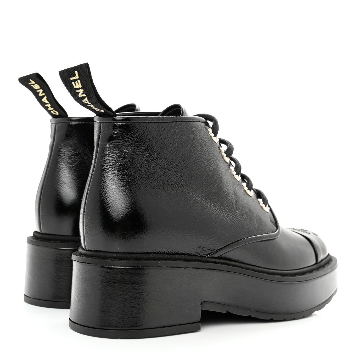 Chanel Shiny Calfskin Pearl Lace Up Combat Short Boots 35 Black 4 of 11