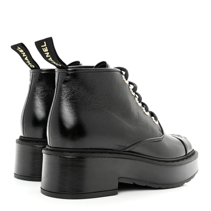 Chanel Shiny Calfskin Pearl Lace Up Combat Short Boots 35 Black 4 of 11