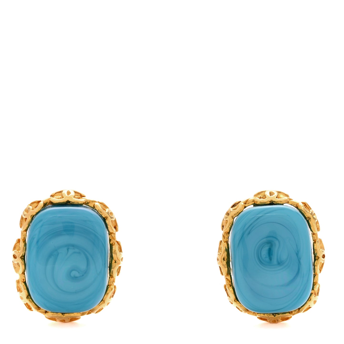 Metal Resin Marble CC Clip On Earrings Gold Turquoise