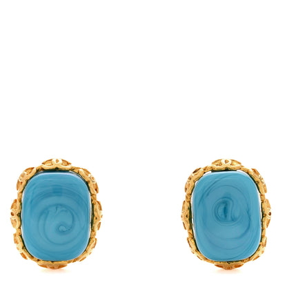Chanel Metal Resin Marble CC Clip On Earrings Gold Turquoise 1 of 4