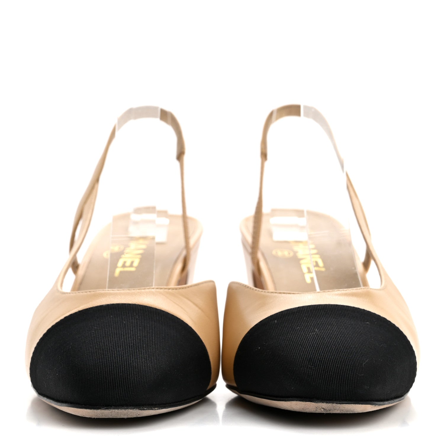 Chanel Goatskin Grosgrain Cap Toe CC Slingback Pumps 40.5 Beige Black 3 of 14