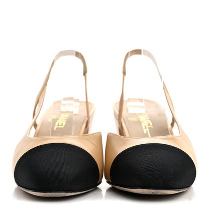 Chanel Goatskin Grosgrain Cap Toe CC Slingback Pumps 40.5 Beige Black 3 of 14