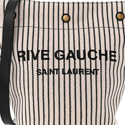 Saint Laurent Linen Calfskin Striped Rive Gauche Bucket Bag Grey Cream Black 9 of 11