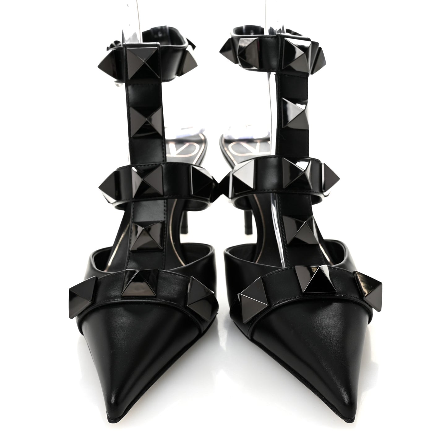 Calfskin Monochrome Roman Stud Ankle Strap 80mm Pumps 36 Black