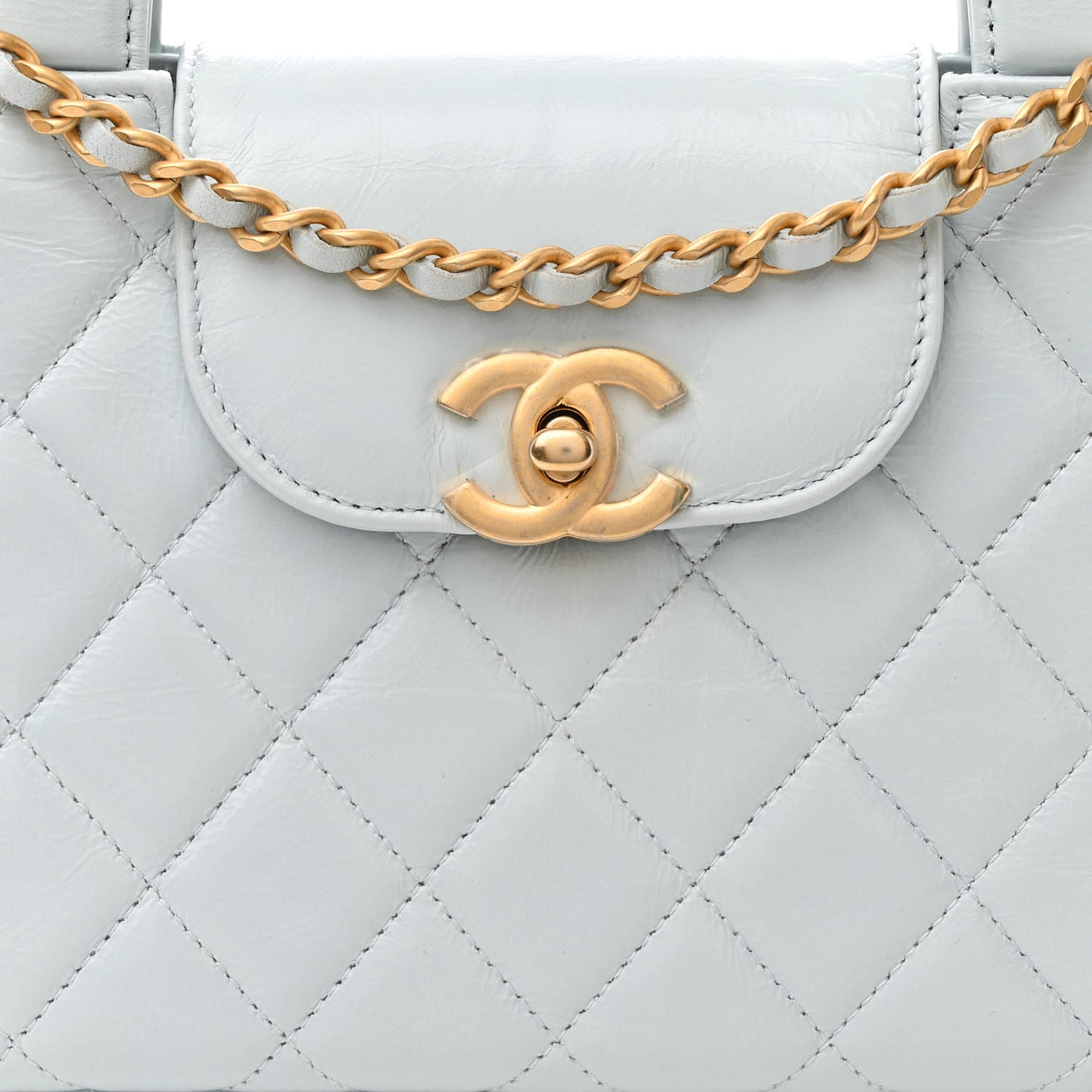 Shiny Aged Calfskin Quilted Nano Kelly Shopper Light Blue