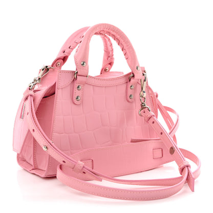 Balenciaga Semi Shiny Calfskin Crocodile Embossed Neo Classic Silver Hardware Mini City Pink 3 of 11