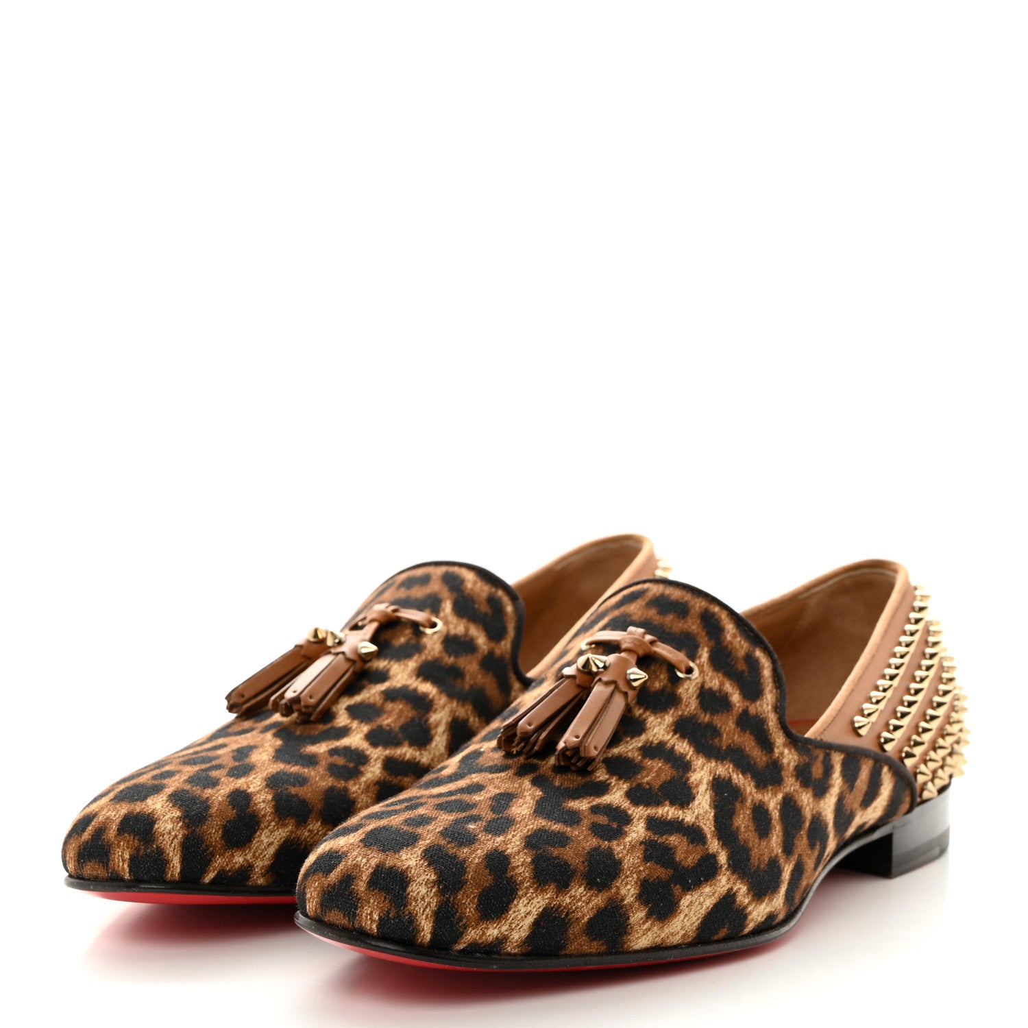 Christian Louboutin Calfskin Canvas Leopard Print Spikes Mens Intern Flat Loafers 45.5 Leopard Tan 3 of 7