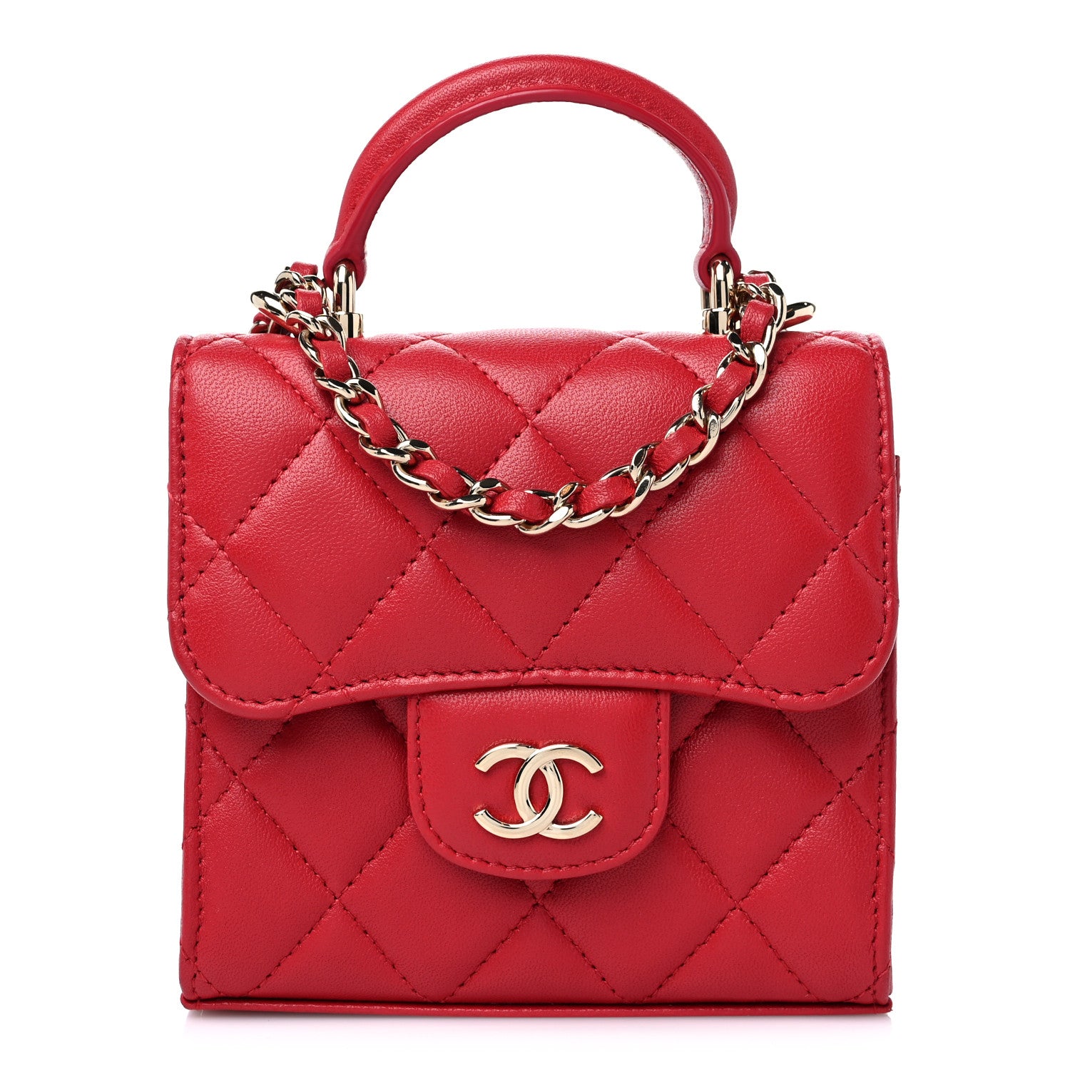 Chanel Lambskin Quilted Top Handle Flap Clutch With Chain Red 1 of 10
