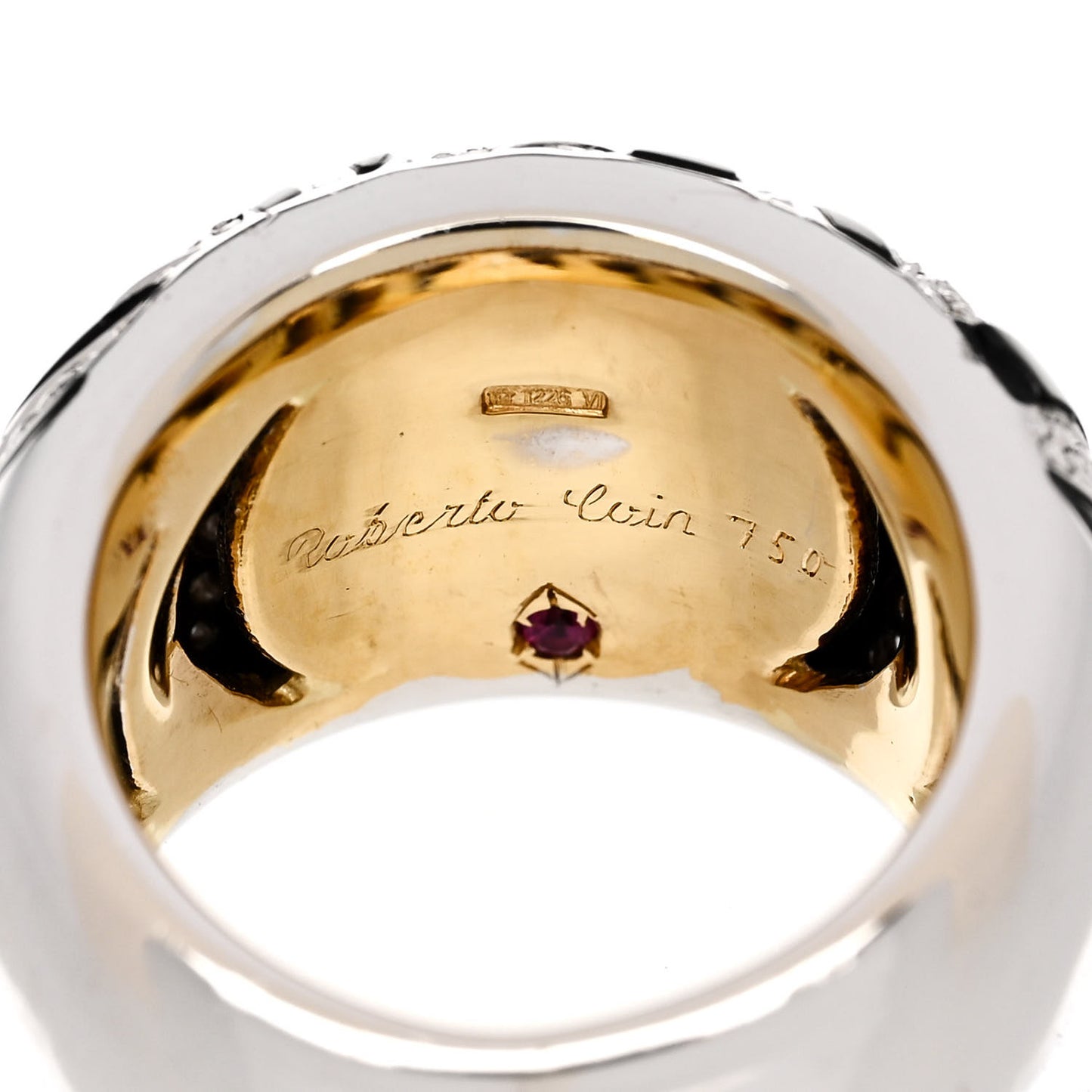 18K White Yellow Gold Enamel Diamond Zebra Ring 51 5.75 Black